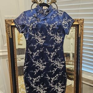 Navy Floral Cheongsam Dress